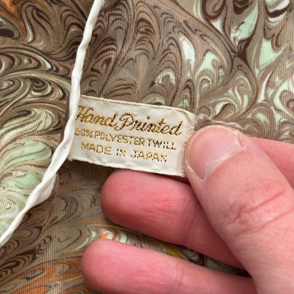 VTG Hand Printed Square Scarf Made in Japan Abstract Marbled Swirl Brown Green - Picture 5 of 7